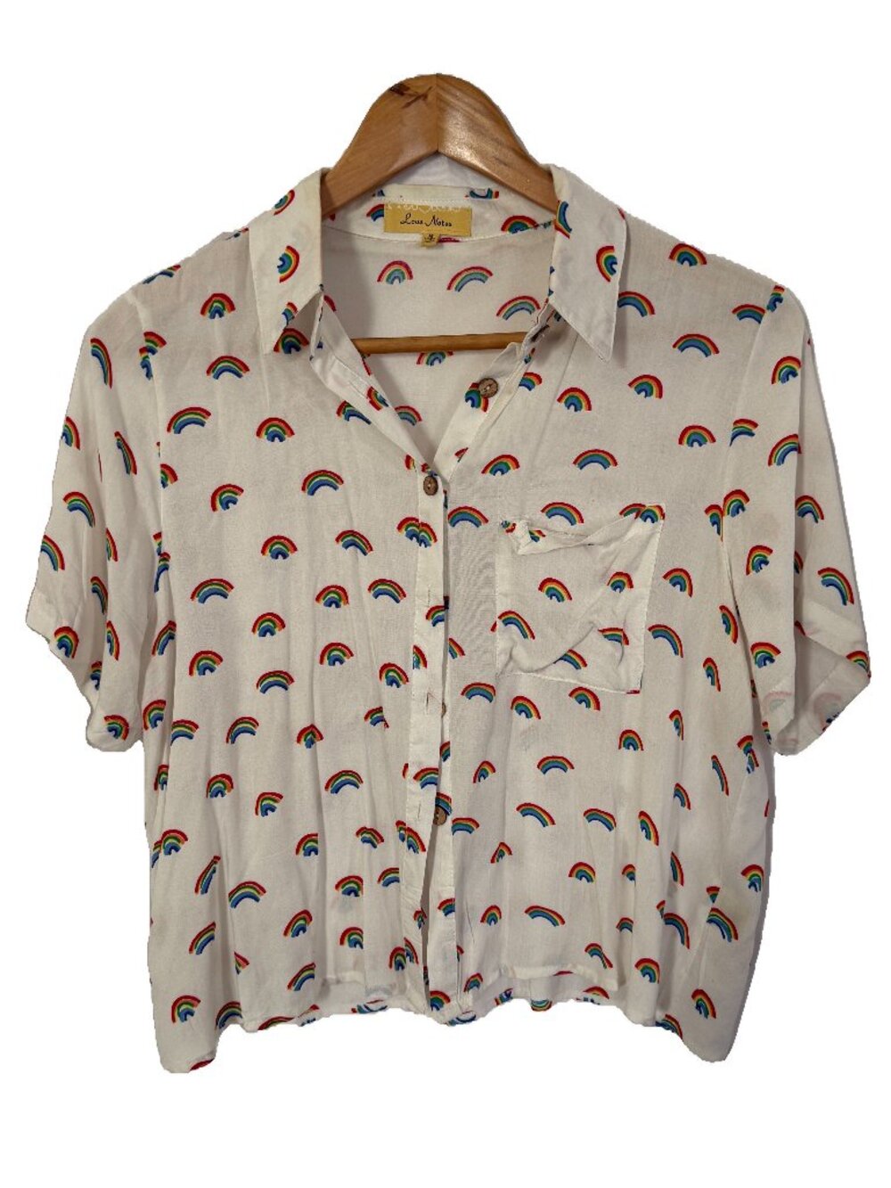 Love Notes Rainbow Print Short Sleeve Button-Down Shirt White M